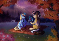 Size: 3508x2480 | Tagged: safe, artist:loonya, imported from derpibooru, oc, oc only, pegasus, pony, unicorn, artificial wings, augmented, autumn, bag, blanket, evening, food, horn, lake, looking at each other, mountain, pegasus oc, picnic, picnic blanket, scenery, sitting, talking, tea, tree, unicorn oc, wings