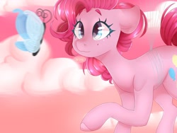 Size: 1600x1200 | Tagged: safe, artist:peachieswrld, imported from derpibooru, pinkie pie, butterfly, earth pony, pony, balloon, cloud, colored hooves, cute, diapinkes, female, floating, floppy ears, looking at something, mare, sky, solo, then watch her balloons lift her up to the sky