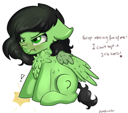 Size: 3380x2982 | Tagged: safe, artist:dumbwoofer, imported from ponybooru, oc, oc only, oc:filly anon, pegasus, pony, angry, chest fluff, cute, female, filly, fluffy, madorable, scrunchy face, simple background, sitting, solo, stomping, transparent background