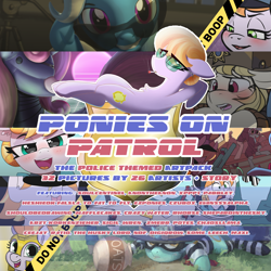 Size: 3000x3000 | Tagged: safe, copper top, lyra heartstrings, march gustysnows, sweetie belle, trixie, earth pony, pony, robot, unicorn, art pack:ponies on patrol, advertisement, art pack, badge, cover art, featured image, female, food, hamburglar, mare, oats, police, police hat, police officer, police tape, police uniform, sweetie bot