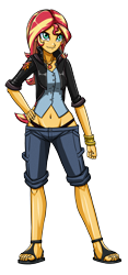 Size: 1408x3000 | Tagged: safe, artist:artemis-polara, imported from derpibooru, sunset shimmer, equestria girls, alternate design, belly button, bracelet, clothes, feet, female, geode of empathy, jacket, jewelry, magical geodes, panties, sandals, shorts, simple background, solo, thong, toes, transparent background, underwear