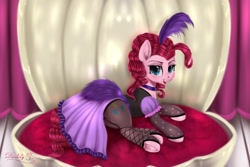 Size: 4500x3000 | Tagged: safe, artist:darksly, imported from derpibooru, pinkie pie, earth pony, pony, over a barrel, alternate hairstyle, choker, clam, clothes, collar, dress, female, frog (hoof), headdress, looking at you, mare, open mouth, saloon dress, saloon pinkie, see-through, signature, solo, stockings, thigh highs, underhoof