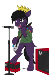 Size: 3169x4821 | Tagged: safe, artist:kami, artist:kamithepony, imported from derpibooru, oc, oc only, oc:firesale, pegasus, pony, crown, fangs, guitar, jewelry, microphone, musical instrument, musician, piercing, regalia, sierra nevada, simple background, solo, tattoo, transparent background