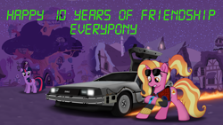 Size: 3840x2160 | Tagged: safe, artist:ejlightning007arts, imported from derpibooru, luster dawn, twilight sparkle, unicorn, the last problem, 10, anniversary, back to the future, car, clothes, confused, cosplay, costume, crossover, delorean, dmc, golden oaks library, happy birthday mlp:fim, marty mcfly, mlp fim's tenth anniversary, night, ponyville, time travel, unicorn twilight, wallpaper