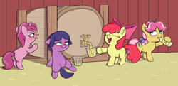 Size: 2576x1251 | Tagged: safe, artist:heretichesh, imported from derpibooru, apple bloom, kettle corn, lavandula, ruby pinch, earth pony, pony, unicorn, adorabloom, adulable, alcohol, apple cider, barn, barrel, blushing, bottle, bottle corn, bow, cider, cider bloom, cider mug, corn, cute, drunk, drunk filly, drunker bloom, drunkle corn, emoticon, faucet, flushed face, food, glass mug, grumpy, hair bow, happy, hard cider, kettlebetes, leaning, mug, pinchybetes, smiling, smoltober, underaged drinking, whiskey