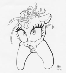 Size: 906x1000 | Tagged: safe, artist:abronyaccount, imported from derpibooru, rarity, pony, it isn't the mane thing about you, black and white, bust, female, grayscale, ink drawing, inktober, inktober 2020, mare, monochrome, open mouth, portrait, raribald, signature, squishy cheeks, traditional art