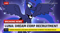 Size: 1280x720 | Tagged: safe, edit, edited screencap, imported from derpibooru, screencap, princess luna, alicorn, pony, break your own news, breaking bad, breaking news, news, news report, solo