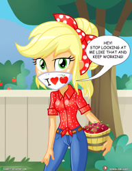 Size: 1500x1942 | Tagged: safe, artist:dieart77, imported from derpibooru, applejack, equestria girls, equestria girls series, five to nine, apple, bucket, coronavirus, covid-19, face mask, food, looking at you, mask, speech bubble, talking to viewer, tree, working