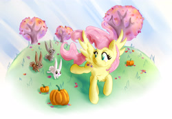 Size: 5000x3455 | Tagged: safe, artist:nedemai, imported from derpibooru, fluttershy, pegasus, pony, rabbit, animal, autumn, cheek fluff, chest fluff, cute, ear fluff, female, head turn, high res, leaf, leaves, looking at each other, looking at someone, looking back, mare, outdoors, pumpkin, raised hoof, raised leg, running, scenery, shyabetes, smiling, solo, spread wings, tree, turned head, windswept hair, wings