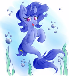 Size: 3636x4000 | Tagged: safe, artist:nedemai, imported from derpibooru, oc, oc only, oc:nedi, sea pony, seapony (g4), bubble, seaponified, solo, species swap, underwater, water