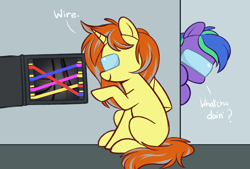 Size: 900x607 | Tagged: safe, artist:higgly-chan, imported from derpibooru, oc, oc only, oc:cinderheart, oc:felicity stars, pegasus, pony, unicorn, among us, dialogue, female, wires