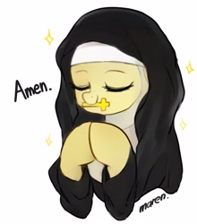 Size: 2900x3293 | Tagged: safe, artist:maren, imported from derpibooru, fluttershy, pegasus, pony, amen, bust, cross, cute, eyes closed, female, flutternun, mare, mouth hold, nun, nun outfit, praying, religion, shyabetes, signature, simple background, smiling, solo, sparkles, white background