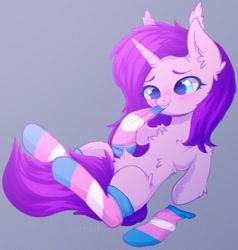 Size: 1219x1283 | Tagged: safe, artist:astralblues, artist:starrcoma, imported from derpibooru, oc, oc only, pony, unicorn, blue eyes, chest fluff, clothes, cute, ear fluff, eyebrows, eyebrows down, female, fluffy, hair, horn, leg fluff, lying down, mane, mare, pulling, pulling clothes, purple, shy, socks, solo, spread legs, spreading, striped socks, tail, teeth, teeth pulling, trans, trans female, transgender, unicorn oc