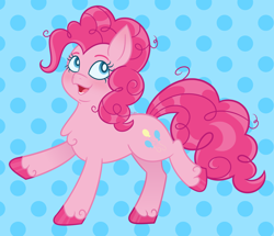 Size: 4300x3700 | Tagged: safe, artist:cherrycandi, imported from derpibooru, pinkie pie, earth pony, pony, blue background, curly hair, cute, diapinkes, eyebrows, female, fluffy, happy, open mouth, polka dot background, ponk, raised leg, simple background, solo, unshorn fetlocks