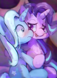 Size: 1000x1359 | Tagged: safe, artist:lexiedraw, imported from derpibooru, starlight glimmer, trixie, pony, unicorn, blushing, female, hoof hold, lesbian, shipping, startrix