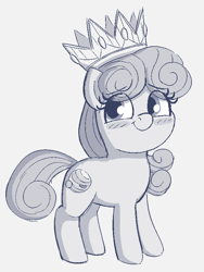 Size: 622x826 | Tagged: safe, artist:heretichesh, imported from derpibooru, oc, oc only, oc:callista, earth pony, pony, blushing, crown, cute, female, filly, gem, giant pony, gray background, grayscale, happy, jewelry, macro, monochrome, ocbetes, regalia, simple background, solo