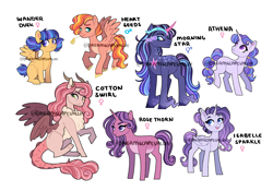 Size: 3000x2100 | Tagged: safe, artist:dreamscapevalley, imported from derpibooru, oc, oc:athena, oc:cotton swirl, oc:heart seeds, oc:isabelle sparkle, oc:morning star, oc:rose thorn, oc:wander dusk, alicorn, draconequus, hybrid, pegasus, pony, unicorn, ambiguous gender, androgynous, colt, female, filly, interspecies offspring, magical lesbian spawn, male, offspring, parent:big macintosh, parent:discord, parent:flash sentry, parent:king sombra, parent:princess cadance, parent:rarity, parent:shining armor, parent:tempest shadow, parent:twilight sparkle, parents:cadmac, parents:discodance, parents:flashlight, parents:rarilight, parents:shiningcadance, parents:tempestdancer, parents:twibra, simple background, straw in mouth, watermark, white background