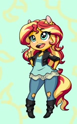 Size: 1272x2053 | Tagged: safe, artist:ameliacostanza, imported from derpibooru, sunset shimmer, equestria girls, breasts, busty sunset shimmer, chibi, cleavage, clothes, cute, devil horn (gesture), digital art, female, jeans, open mouth, pants, ponied up, pony ears, ripped jeans, shimmerbetes, smiling, solo, tail