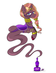 Size: 1179x1538 | Tagged: safe, artist:deltafairy, imported from derpibooru, oc, oc only, oc:zirithustra, genie, genie pony, pony, unicorn, bottle, bracelet, bridle, ear piercing, earring, female, floating, hairband, horn, horn ring, jewelry, locket, looking at you, mare, neck rings, piercing, ring, saddle, simple background, smiling, solo, tack, transparent background