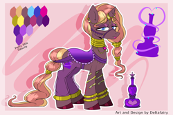 Size: 1568x1049 | Tagged: safe, artist:deltafairy, imported from derpibooru, oc, oc only, oc:zirithustra, genie, pony, unicorn, bottle, bracelet, bridle, clothes, cutie mark, ear piercing, earring, female, hairband, horn, horn ring, jewelry, leggings, lidded eyes, locket, looking at you, mare, neck rings, piercing, reference sheet, ring, saddle, smiling, solo, tack