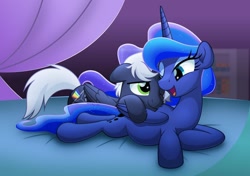 Size: 800x564 | Tagged: safe, artist:jhayarr23, imported from derpibooru, princess luna, oc, alicorn, pegasus, pony, canon x oc, couple, cuddling, cute, lying down, male, one eye closed, prone, stalion, stallion