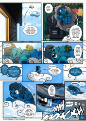 Size: 2480x3508 | Tagged: safe, artist:dsana, imported from derpibooru, oc, oc:lullaby dusk, pegasus, pony, comic:a storm's lullaby, bandaged leg, blown away, cloud, comic, female, filly, lying, lying down, lying on a cloud, on a cloud, on back, plushie, this will not end well