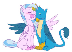 Size: 1280x932 | Tagged: safe, artist:chub-wub, imported from derpibooru, gallus, silverstream, classical hippogriff, griffon, hippogriff, blushing, colored hooves, cuddling, cute, diastreamies, female, gallabetes, gallstream, hug, interspecies, jewelry, male, necklace, nuzzling, shipping, simple background, straight, white background, winghug