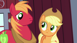 Size: 1280x720 | Tagged: safe, imported from derpibooru, screencap, applejack, big macintosh, earth pony, pony, brotherhooves social, female, looking at each other, male, mare, stallion