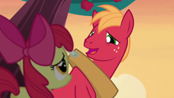 Size: 1280x720 | Tagged: safe, imported from derpibooru, screencap, apple bloom, big macintosh, earth pony, pony, brotherhooves social, brother and sister, female, filly, male, mare, siblings, stallion