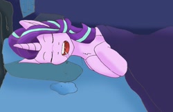 Size: 1280x833 | Tagged: safe, artist:jacksykes, imported from derpibooru, starlight glimmer, pony, unicorn, bed, drool, sleeping, snoring, solo