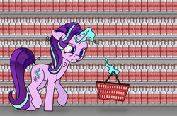 Size: 1500x983 | Tagged: safe, artist:dacaoo, imported from derpibooru, starlight glimmer, pony, unicorn, alcohol, hangover, magic, magic aura, solo, supermarket, vodka