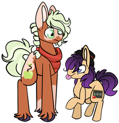 Size: 1512x1564 | Tagged: safe, artist:greyestgray, imported from derpibooru, oc, oc only, oc:fuji forest, oc:honey gold, earth pony, pony, hat, magical lesbian spawn, offspring, parent:applejack, parent:rarity, parents:rarijack, siblings, simple background, transparent background