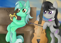 Size: 2000x1420 | Tagged: safe, alternate version, artist:almaustral, imported from derpibooru, lyra heartstrings, octavia melody, earth pony, pony, unicorn, bow (instrument), bowtie, cello, colored, duo, female, harp, hoof hold, mare, musical instrument, sitting