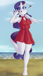 Size: 4320x7680 | Tagged: safe, artist:ev04ka, artist:ev04kaa, imported from derpibooru, rarity, anthro, unguligrade anthro, unicorn, blushing, clothes, dress, floating heart, heart, ocean, rcf community, solo, standing, standing on one leg, tongue out, underhoof