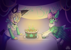 Size: 1700x1200 | Tagged: safe, artist:chu-and-sparky-127, imported from derpibooru, oc, oc:firework spark, anthro, pegasus, pikachu, pony, anthro with ponies, birthday cake, birthday candles, cake, chest fluff, clothes, female, food, happy birthday, mare, neckerchief, open mouth, pegasus oc, pokémon, tongue out, unshorn fetlocks, wings