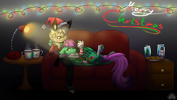 Size: 2520x1420 | Tagged: safe, artist:chu-and-sparky-127, imported from derpibooru, oc, oc only, oc:firework spark, anthro, pegasus, pikachu, pony, anthro with ponies, couch, duo, female, mare, merry christmas, pegasus oc, pokémon, wings