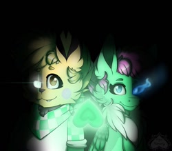 Size: 1024x896 | Tagged: safe, artist:chu-and-sparky-127, imported from derpibooru, oc, anthro, pegasus, pikachu, pony, anthro with ponies, black background, bust, chest fluff, duo, glowing eyes, neckerchief, pegasus oc, pokémon, simple background, smiling, wings