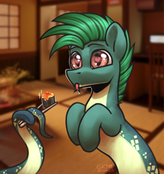 Size: 1406x1498 | Tagged: safe, artist:gicme, imported from derpibooru, oc, oc only, oc:dalar, original species, pony, snake, snake pony, big eyes, chopsticks, food, heart eyes, prehensile tail, short mane, simple background, sushi, tongue out, wingding eyes