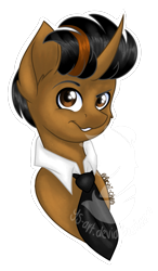 Size: 921x1572 | Tagged: safe, artist:silentwolf-oficial, imported from derpibooru, oc, oc only, pony, unicorn, bust, horn, necktie, signature, simple background, smiling, solo, transparent background, unicorn oc, watermark