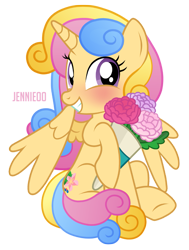 Size: 905x1200 | Tagged: safe, artist:jennieoo, imported from derpibooru, oc, oc only, oc:blooming star, alicorn, pony, alicorn oc, blushing, bouquet, commission, cute, female, flower, horn, looking at you, mare, ocbetes, show accurate, simple background, smiling, solo, transparent background, vector, weapons-grade cute, wings