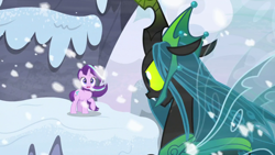 Size: 1920x1080 | Tagged: safe, imported from derpibooru, screencap, queen chrysalis, starlight glimmer, the ending of the end, mountain, snow, ultimate chrysalis