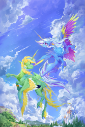 Size: 667x1000 | Tagged: dead source, safe, artist:maggephah, artist:makkah, imported from derpibooru, trixie, oc, oc:mark wells, alicorn, fanfic:off the mark, alicorn oc, canterlot castle, horn, illustration, markxie, skydancing, wings