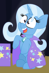 Size: 1400x2069 | Tagged: safe, artist:puperhamster, imported from derpibooru, trixie, pony, unicorn, cape, clothes, cute, diatrixes, female, mare, sitting, solo, stage, trunk