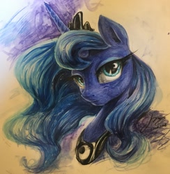 Size: 2950x3022 | Tagged: source needed, safe, artist:musical ray, imported from derpibooru, princess luna, alicorn, pony, bust, female, long hair, night, portrait, solo, traditional art