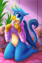 Size: 1350x2000 | Tagged: safe, artist:shadowreindeer, imported from derpibooru, gallus, anthro, griffon, plantigrade anthro, blushing, bottomless, clothes, cute, featureless crotch, femboy, gallabetes, girly, hoodie, indoors, kneeling, looking at you, male, partial nudity, smiling, solo, teddy bear, teenager