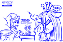 Size: 1024x689 | Tagged: safe, artist:jcosneverexisted, imported from derpibooru, king sombra, princess flurry heart, queen chrysalis, changeling, pony, the beginning of the end, angry, baby, dialogue, facepalm, female, flurry heart is not amused, male, queen chrysalis is not amused, season 9 doodles, stallion, unamused