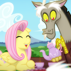 Size: 2048x2048 | Tagged: safe, artist:whitequartztheartist, imported from derpibooru, discord, fluttershy, draconequus, pegasus, eyes closed, fangs, food, open mouth, outdoors, tea