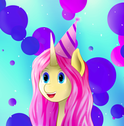 Size: 2621x2656 | Tagged: safe, artist:sane, imported from derpibooru, alicorn, pony, abstract background, birthday, caption, happy, not fluttershy, pink hair, solo