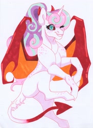 Size: 2713x3717 | Tagged: safe, artist:frozensoulpony, imported from derpibooru, princess flurry heart, pony, bat wings, colored sclera, devil horns, devil tail, older, one eye closed, solo, traditional art, wings, wink