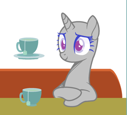 Size: 1130x1024 | Tagged: safe, artist:thieeur-nawng, imported from derpibooru, oc, oc only, pony, unicorn, bald, base, bust, cup, eyelashes, food, horn, magic, simple background, sitting, smiling, solo, tea, teacup, telekinesis, unicorn oc, white background